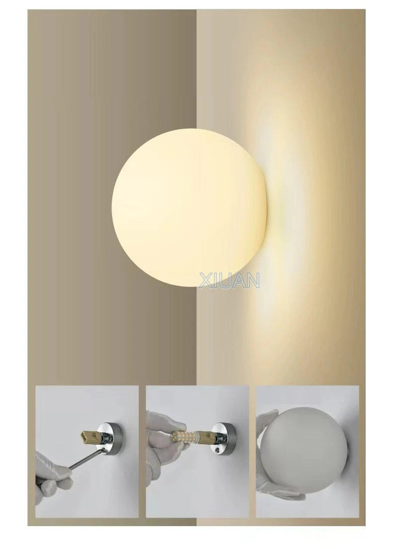 New Concealed Base Glass Wall Lamps French Bauhaus Milky White Round Ball Wall Light for Bedside Living Room Bathroom Mirror Dec