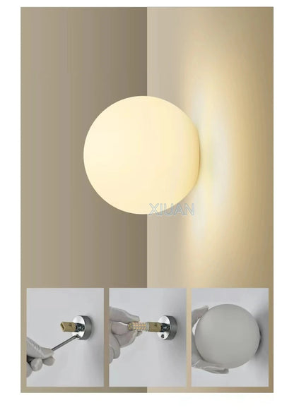 New Concealed Base Glass Wall Lamps French Bauhaus Milky White Round Ball Wall Light for Bedside Living Room Bathroom Mirror Dec