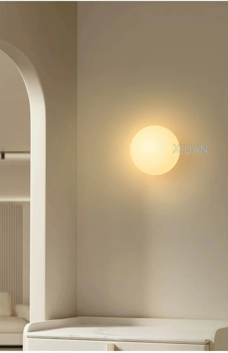 New Concealed Base Glass Wall Lamps French Bauhaus Milky White Round Ball Wall Light for Bedside Living Room Bathroom Mirror Dec